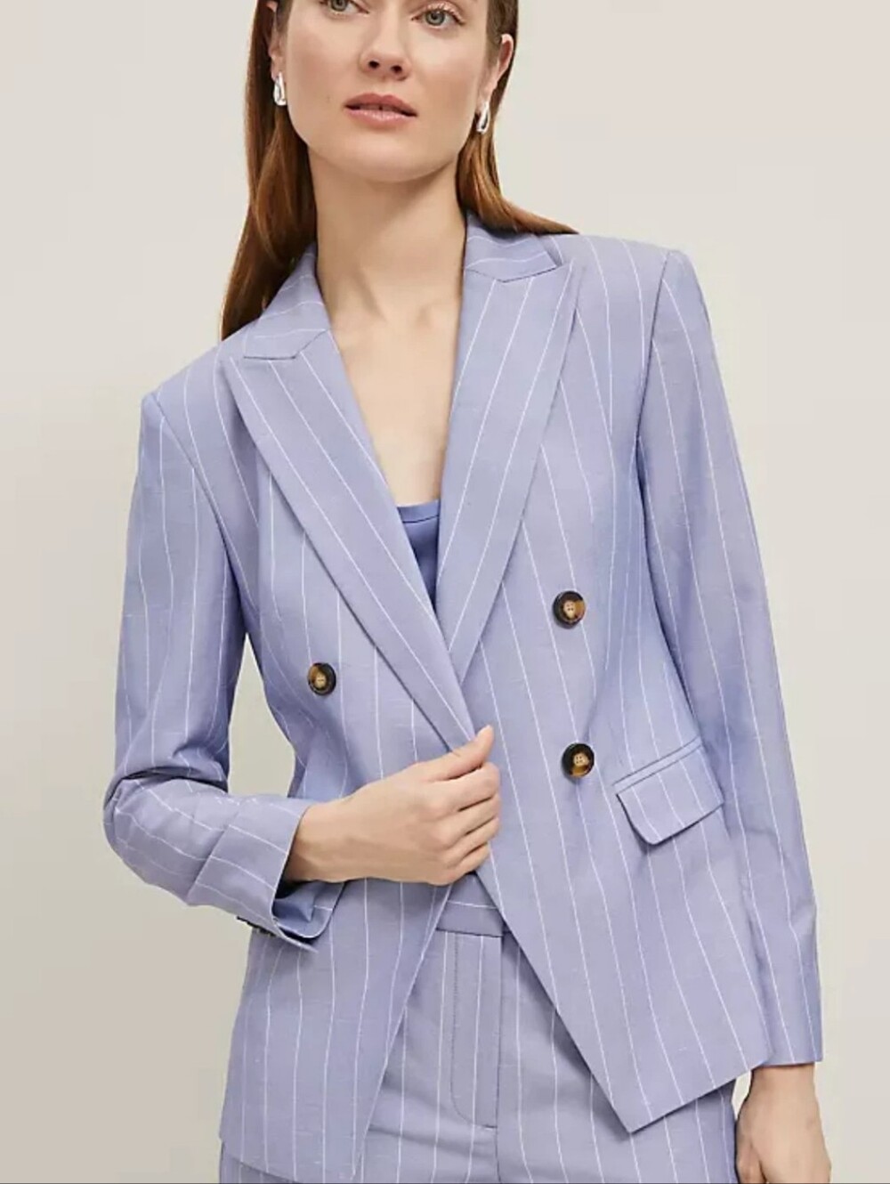 Ann Taylor Double Breasted Cutaway Blazer Pinstripe Morning Velvet Chambray 16P